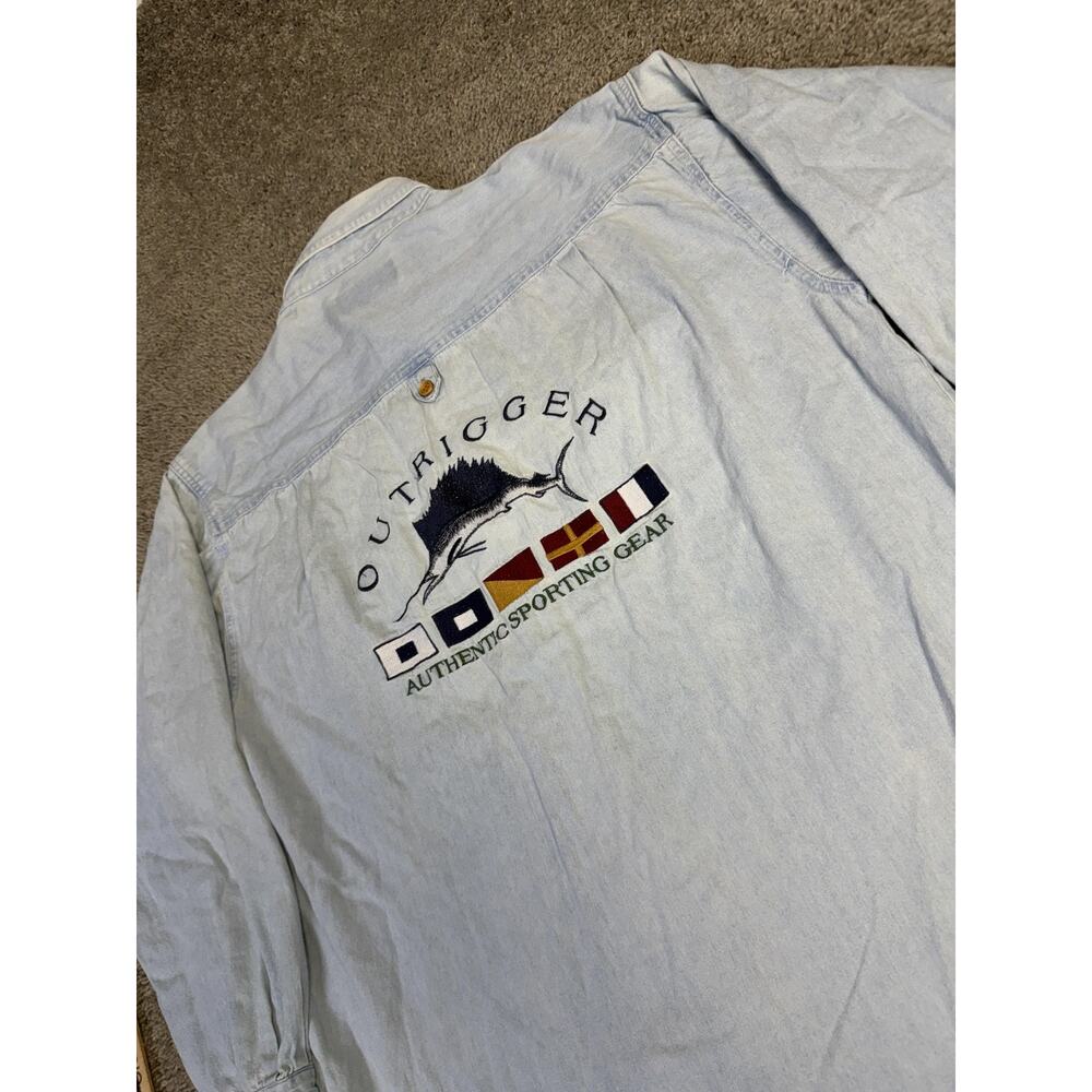 Outrigger Shirt Mens L Blue Chambray Long Sleeve Embroidered Button Up Relaxed